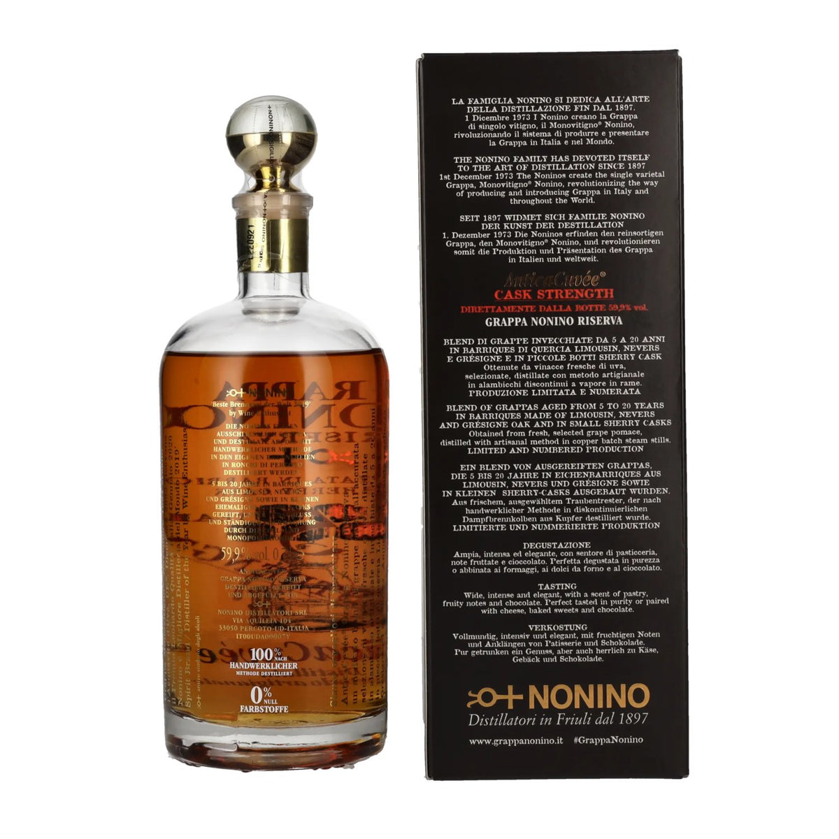 Grappa Nonino Riserva Antica Cuvée, 5 ans d'âge, à la force du fût, 59,9 % vol., 0,7 l, dans un coffret cadeau