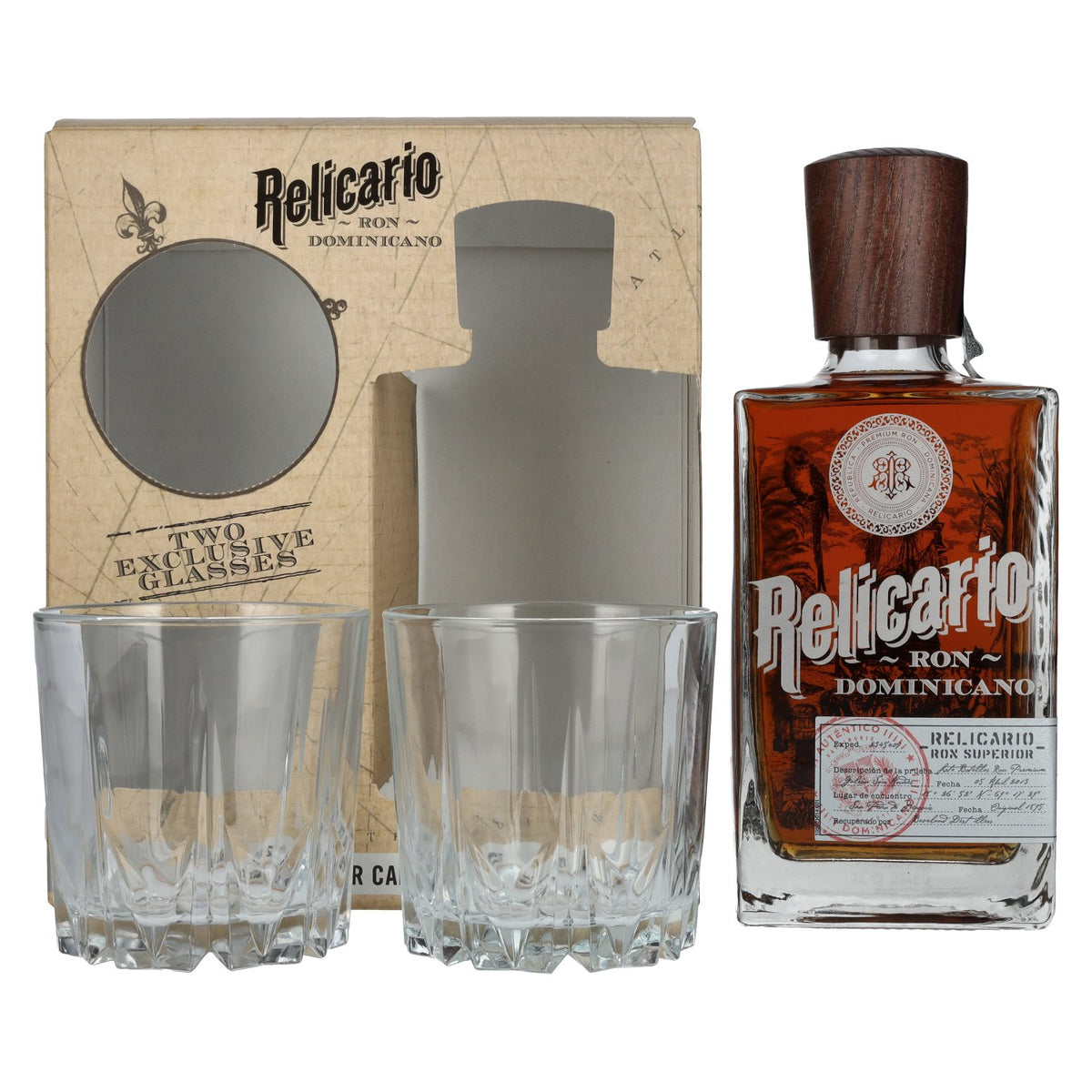 Relicario Ron Dominicano Superior 40% vol. 0,7 l in een geschenkverpakking met 2 glazen