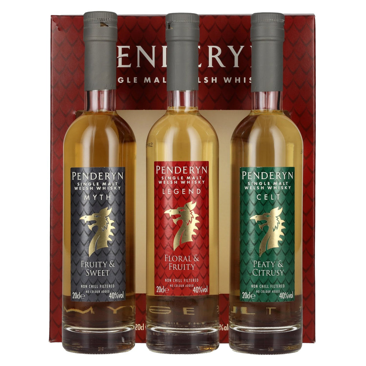Penderyn MYTH, LEGEND, CELT – Whisky single malt gallois 40 % vol., 3 x 0,2 l dans un coffret cadeau