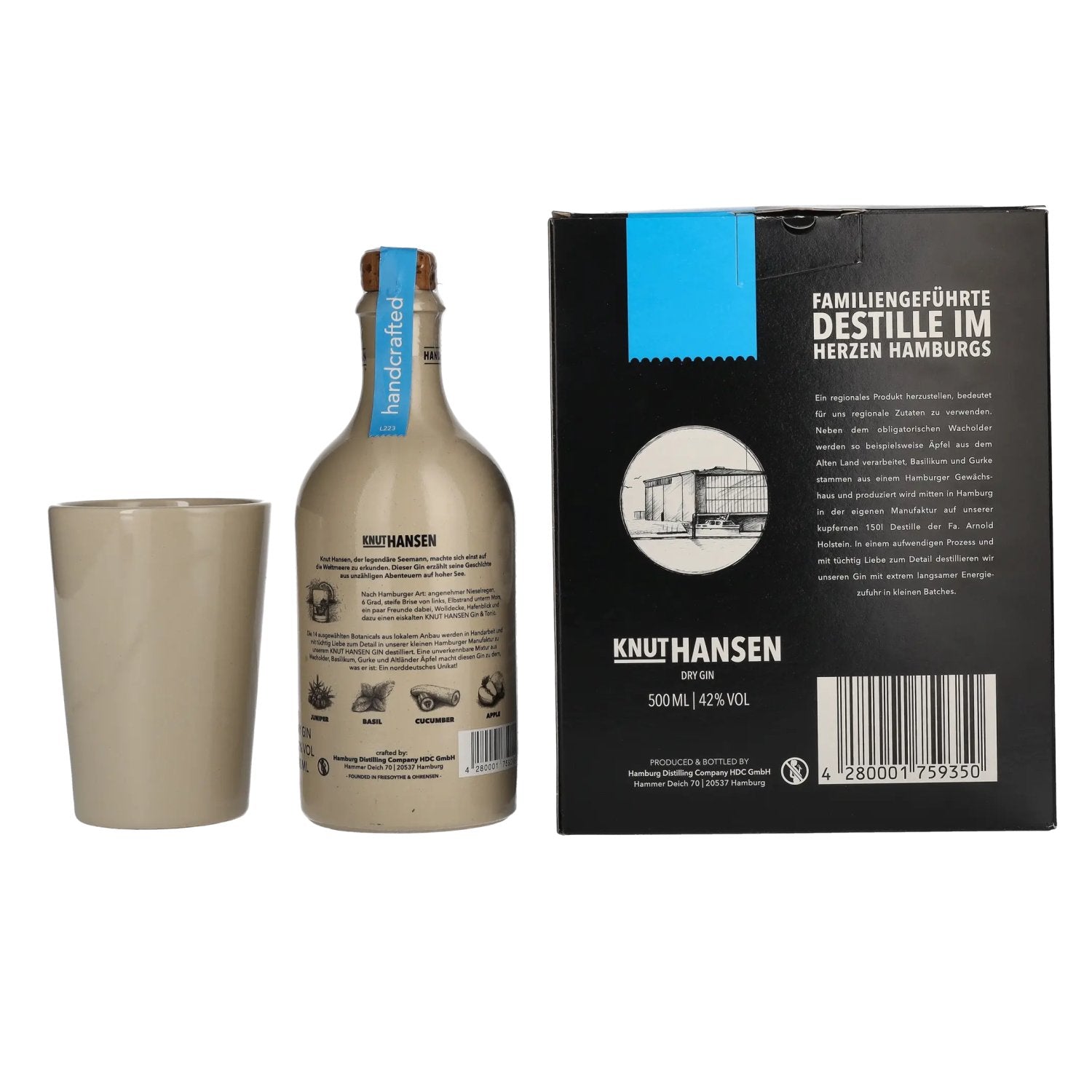 Knut Hansen Dry Gin 42% Vol. 0,5l in gift box with ceramic cup
