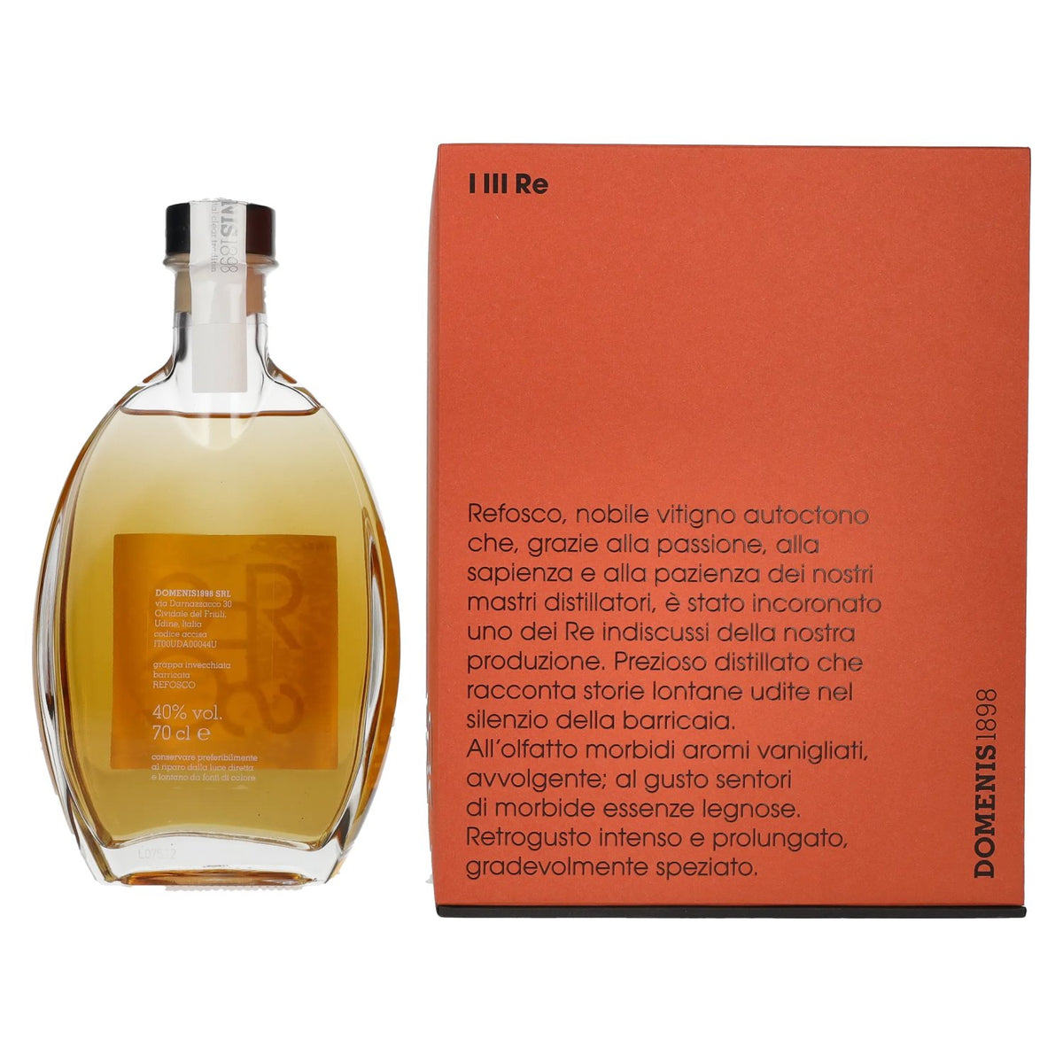 Domenis 1898 I III RE REFOSCO grappa invecchiata barricata 40% vol. 0,7 l in geschenkverpakking
