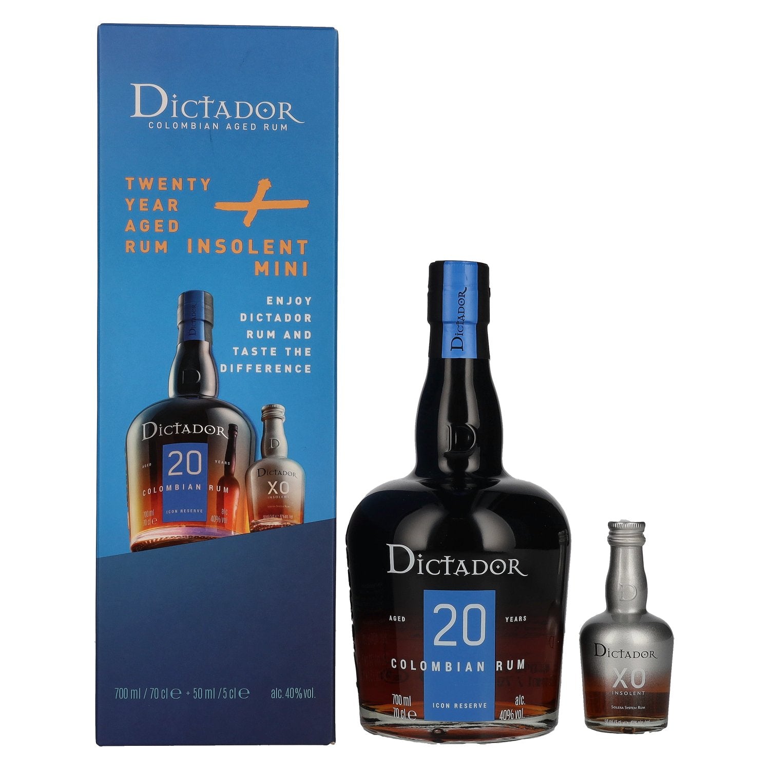 Dictador 20 Jaar Oude ICON RESERVE Colombiaanse Rum 40% Vol. 0,7l in geschenkverpakking met Dictador XO Insolent Miniature 0,05l