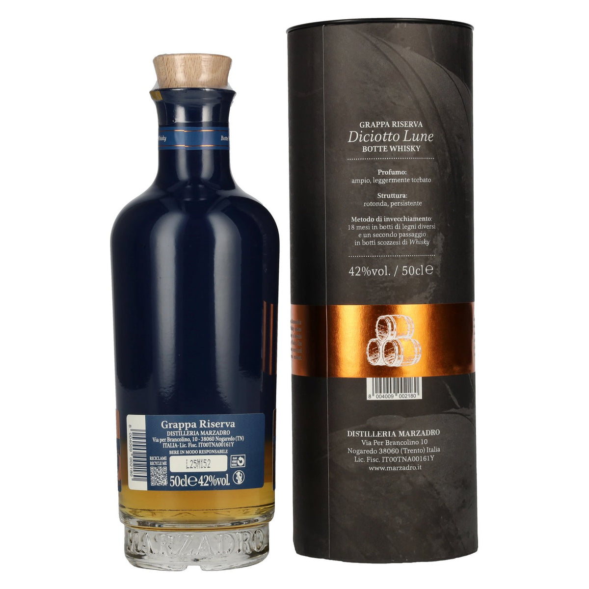 Marzadro DICIOTTO Lune Botte Whisky 42 % vol., 0,5 l, dans un coffret cadeau