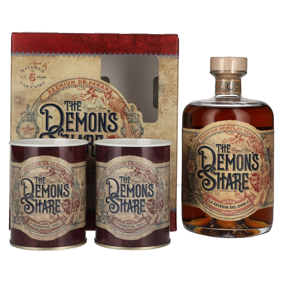 The Demon's Share, spiritueux de 6 ans d'âge, 40 % vol., 0,7 l, dans un coffret cadeau contenant 2 canettes de The Demon's Share