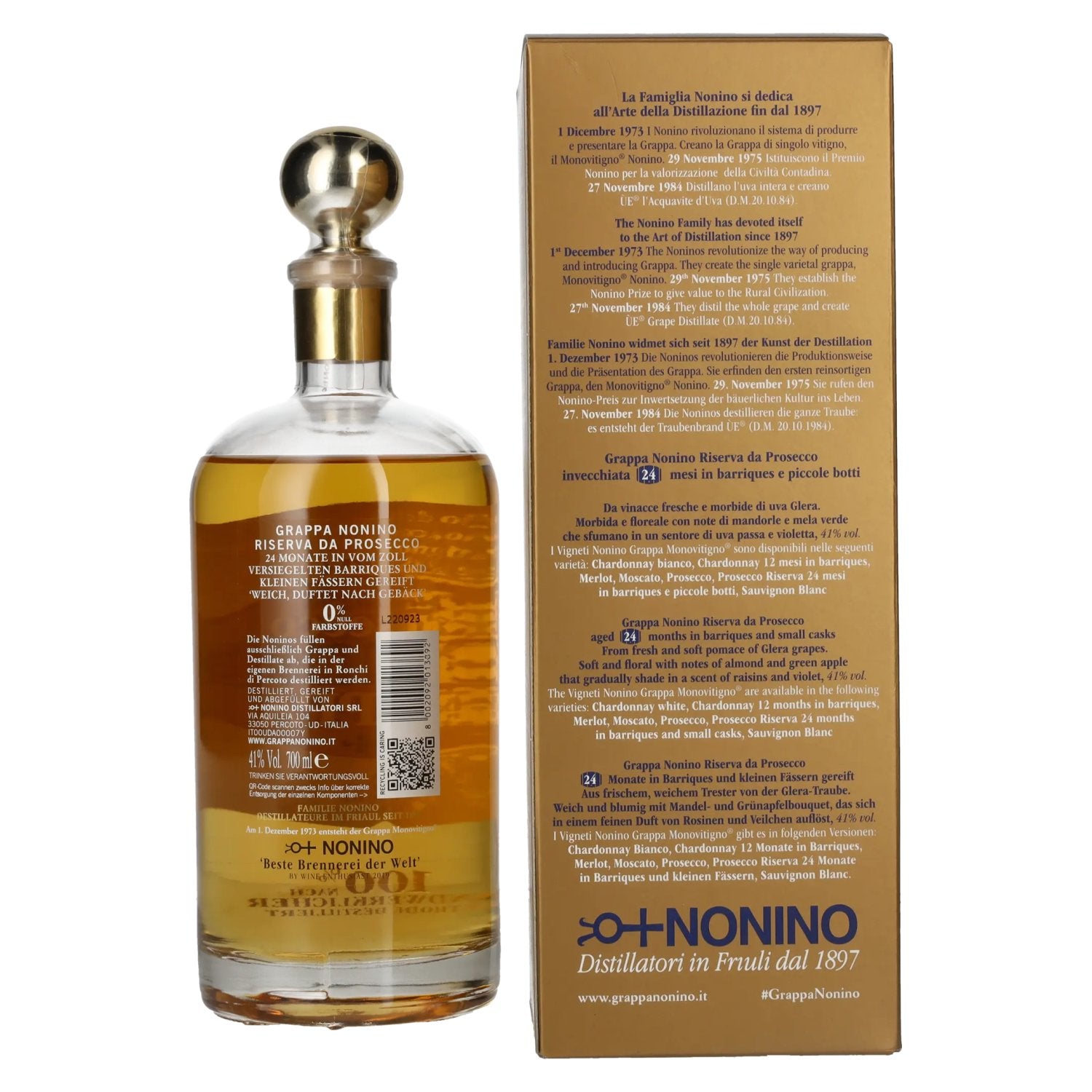 Nonino Grappa Monovitigno il Prosecco in barriques 41% Vol. 0,7l in geschenkverpakking