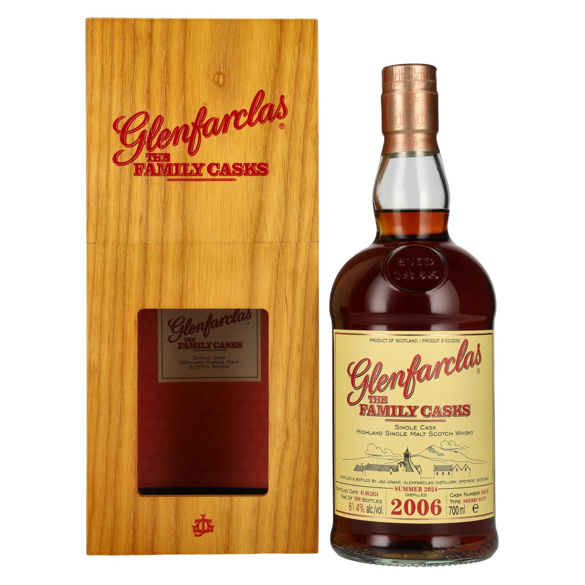 Glenfarclas THE FAMILY CASKS Single Cask SUMMER 2024 Sherry Butt #3418 2006 61,4% vol. 0,7 l in houten kist