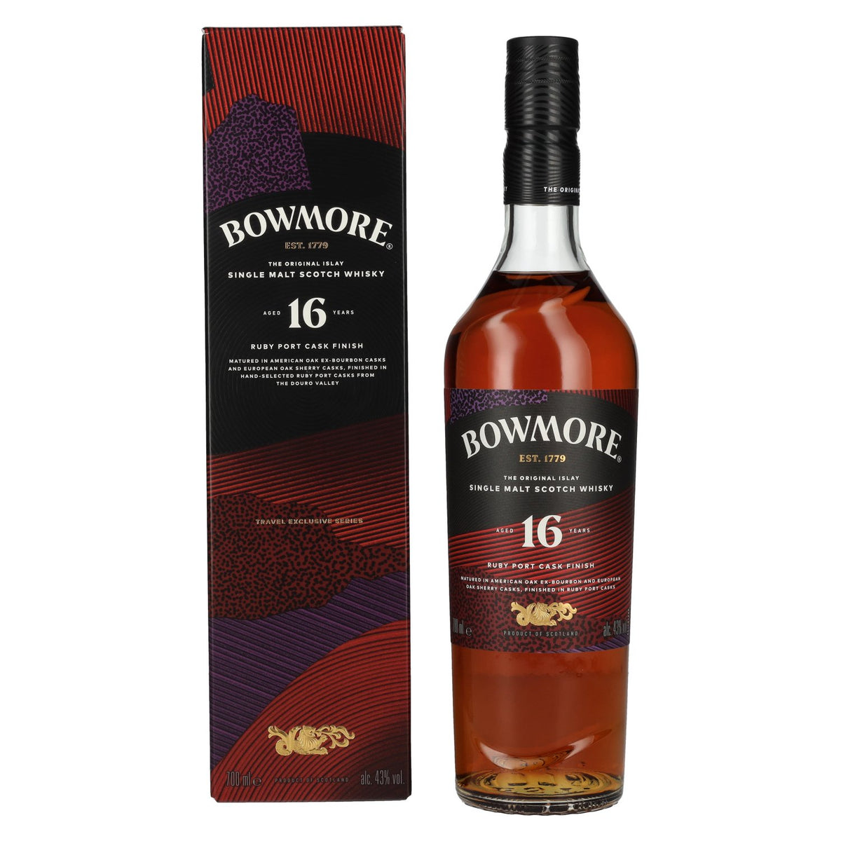 Bowmore 16 ans d'âge, finition en fût de porto rubis, single malt d'Islay, 43 % vol., 0,7 l, dans un coffret cadeau