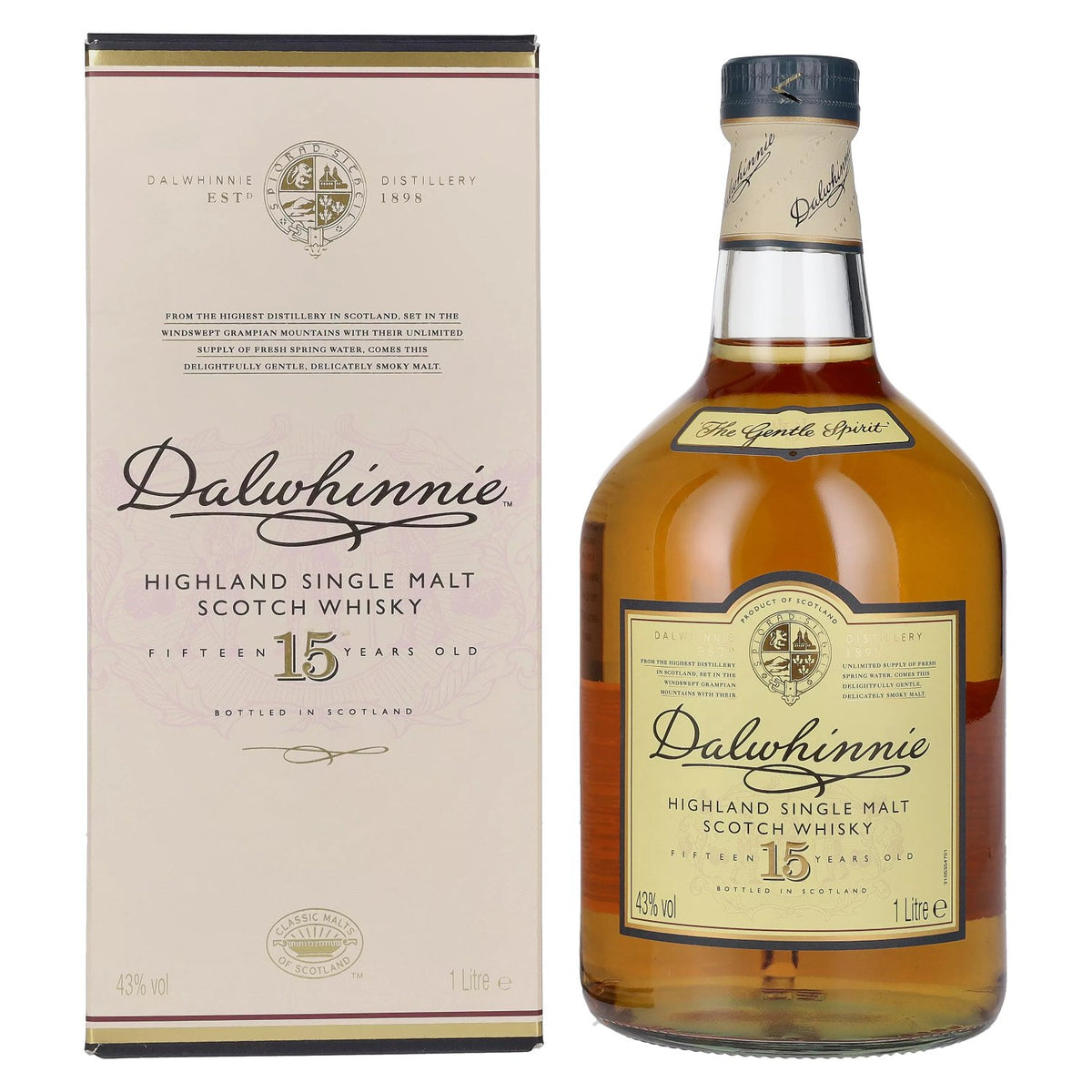 Dalwhinnie 15 ans d'âge, whisky single malt des Highlands, 43 % vol., 1 l, dans un coffret cadeau