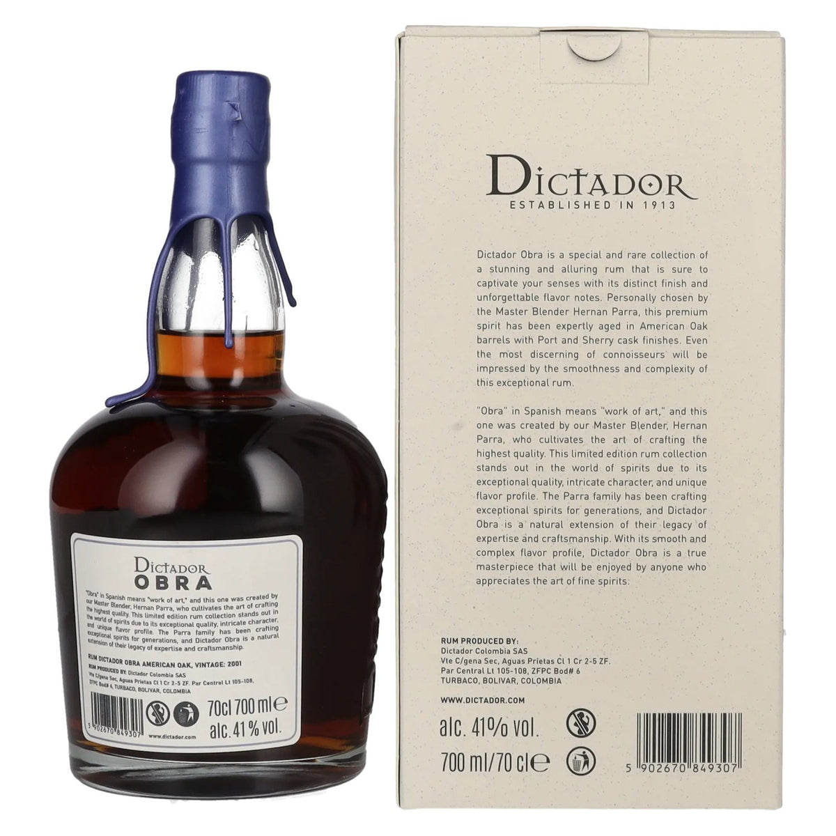 Dictador OBRA VINTAGE 22 Years Old AMERICAN OAK CASK Rum 2001 41% vol. 0.7 l in a gift box