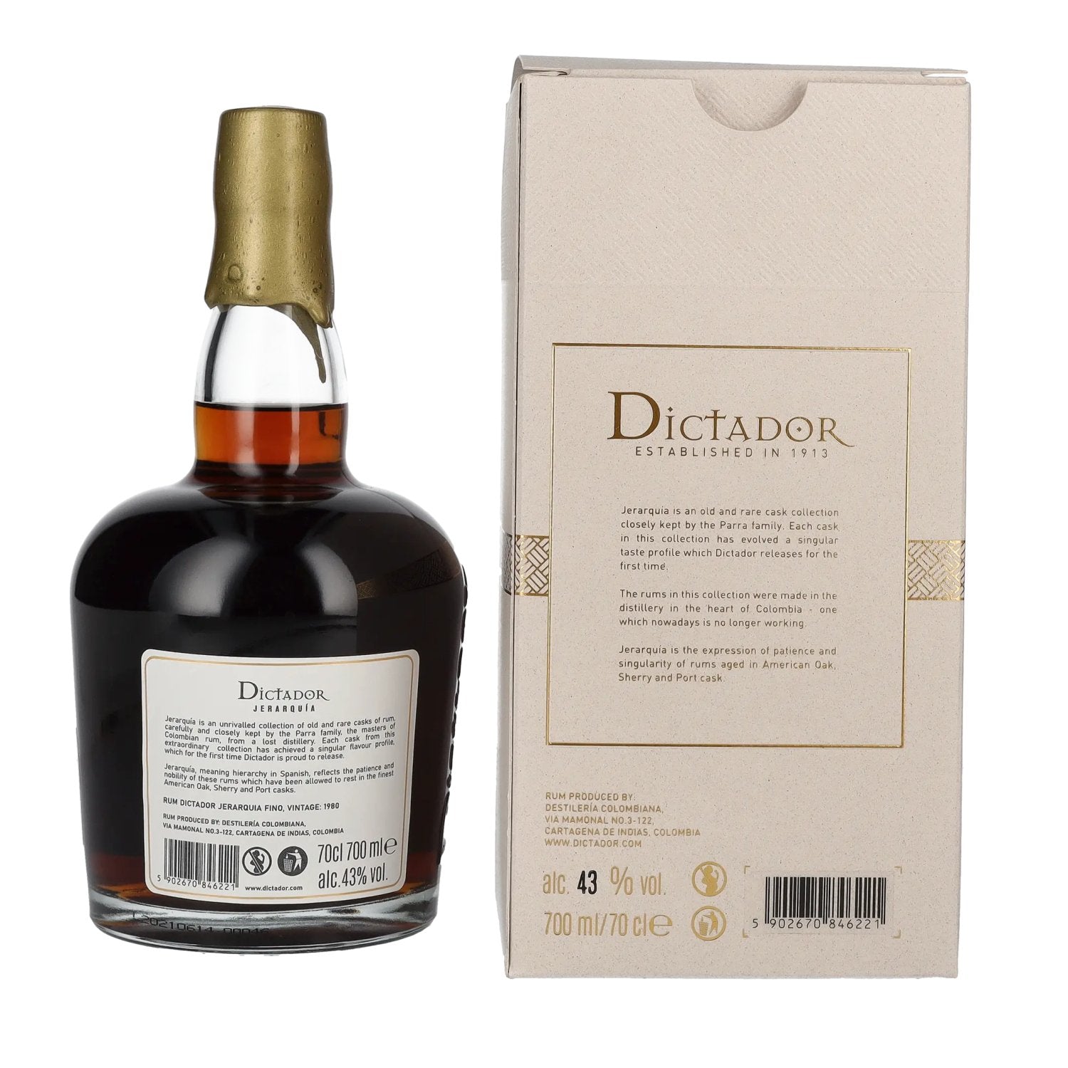 Dictador JERARQUÍA 40 Jaar Oude FINO Rum 1980 43% Vol. 0,7l in geschenkverpakking