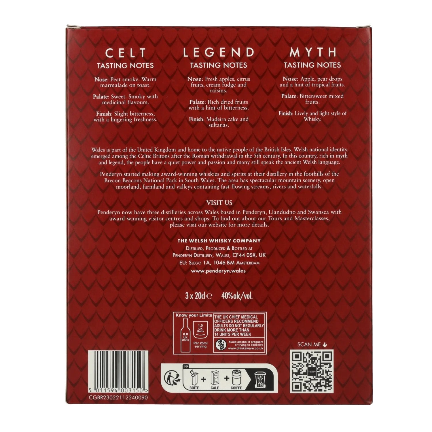 Penderyn MYTH, LEGEND, CELT Single Malt Welsh Whisky 40% Vol. 3x0,2l in geschenkverpakking