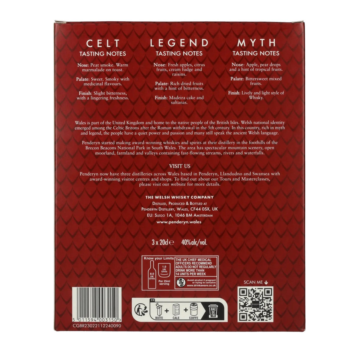 Penderyn MYTH, LEGEND, CELT – Whisky single malt gallois 40 % vol., 3 x 0,2 l dans un coffret cadeau