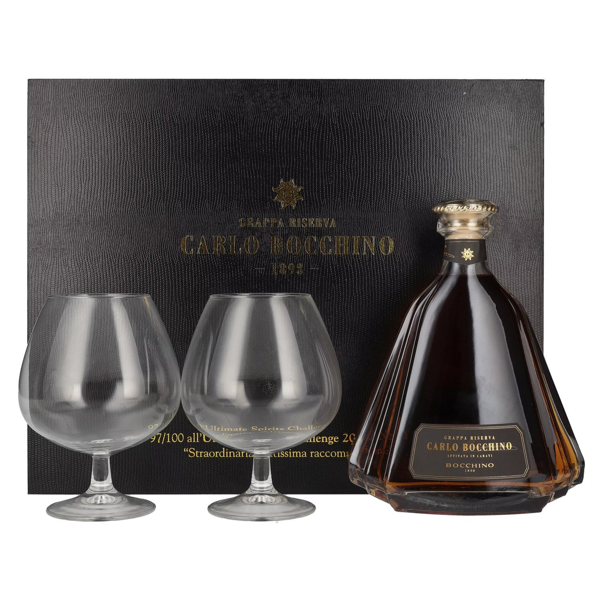 Carlo Bocchino Grappa Riserva 43% vol. 0,7 l in geschenkverpakking met 2 glazen