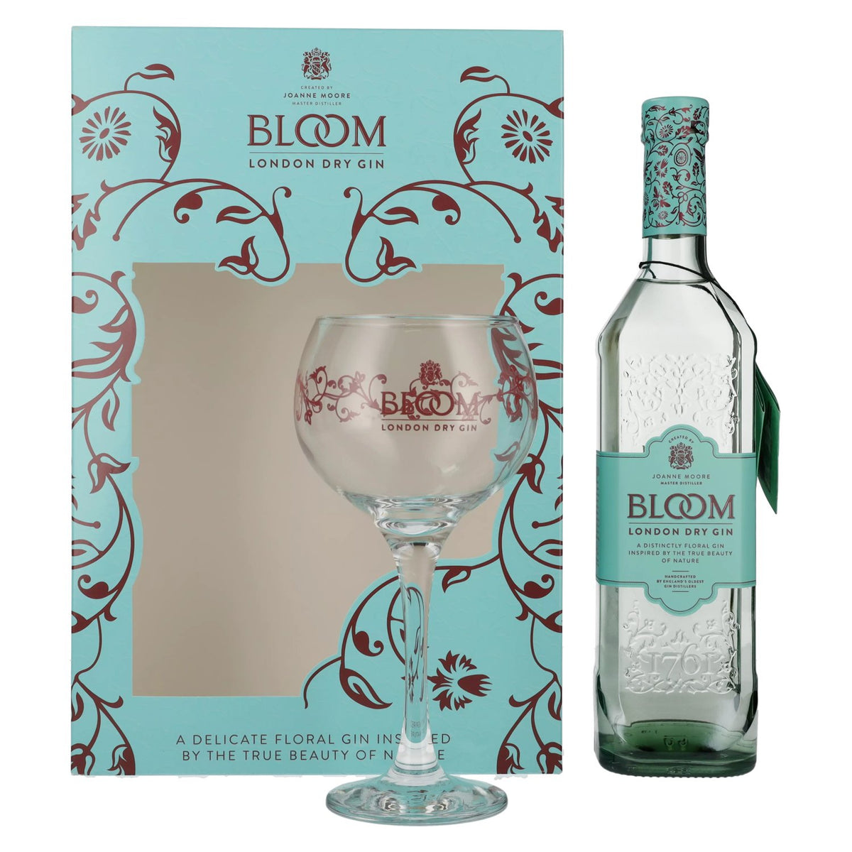 Bloom Gin London Dry 40 % vol., 0,7 l, dans un coffret cadeau avec un verre