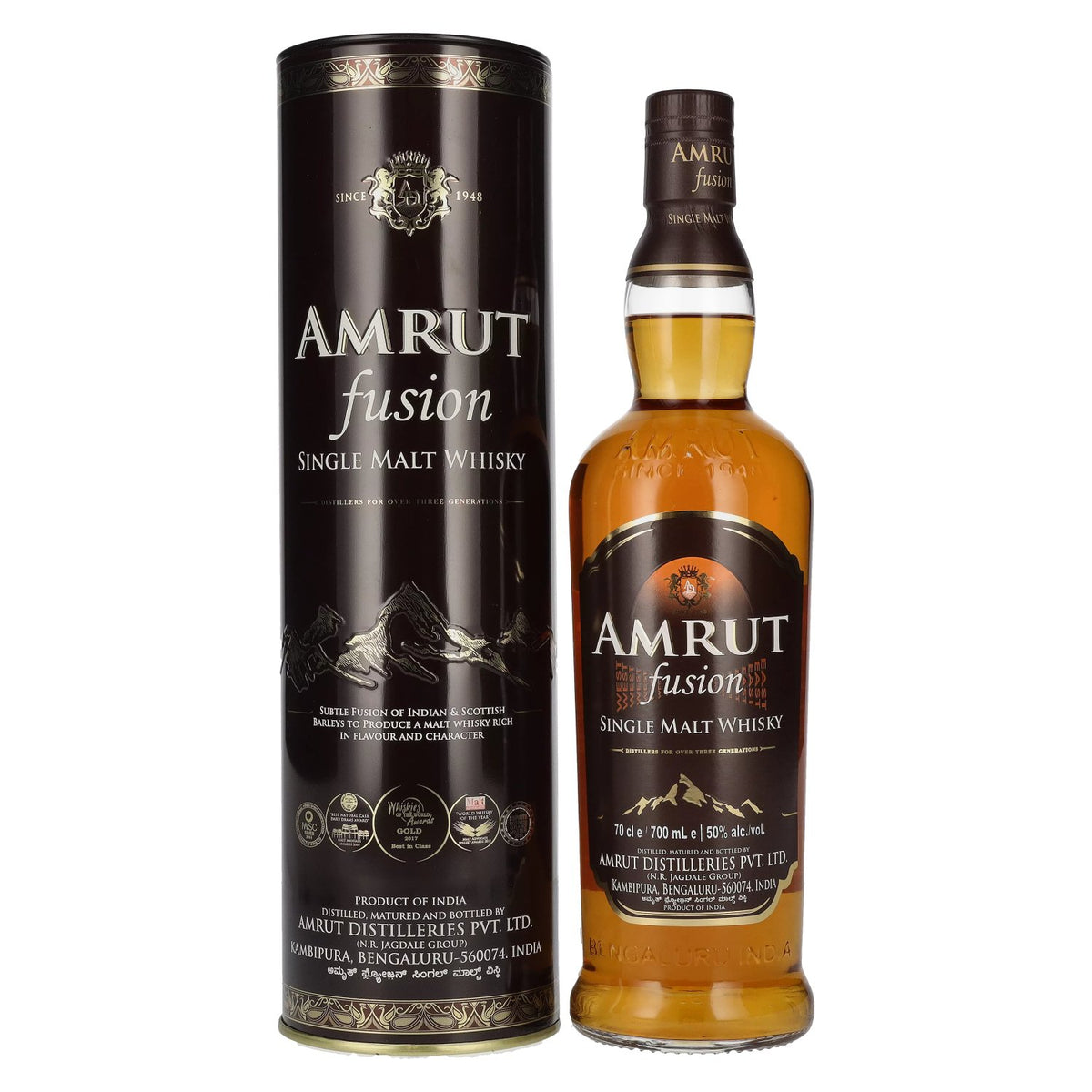 Amrut Indian FUSION Single Malt Whisky 50% vol. 0,7 l in blikken doos