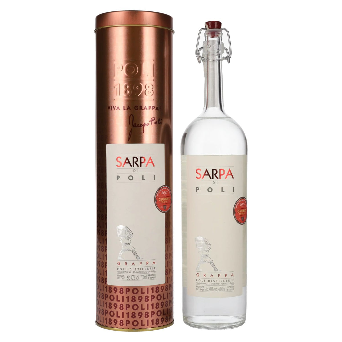 Poli Grappa Sarpa di Poli 40% ABV, 0.7 litres in a tin box