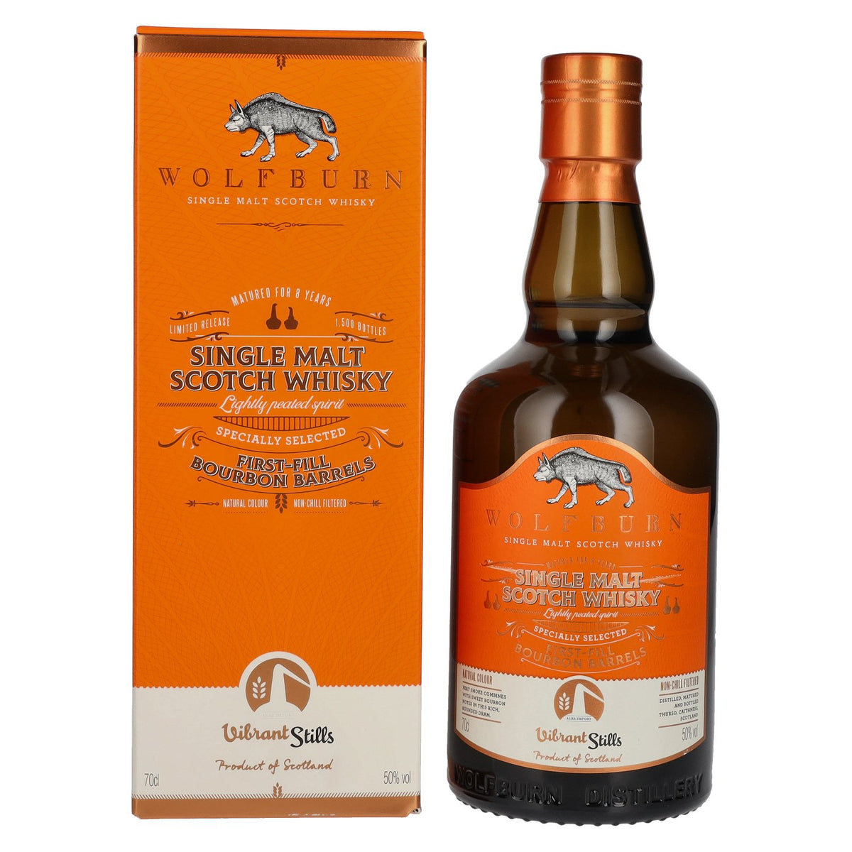 Wolfburn VIBRANT STILLS 8 Years Old Specially Selected First-Fill Bourbon Barrels 50% ABV 0.7 l in a gift box