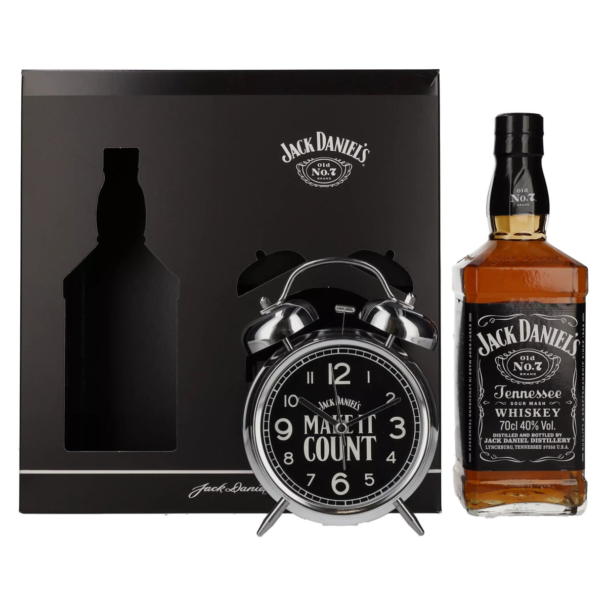 Jack Daniel's Tennessee Whiskey 40% ABV, 0.7 litres, in a gift box with an alarm clock