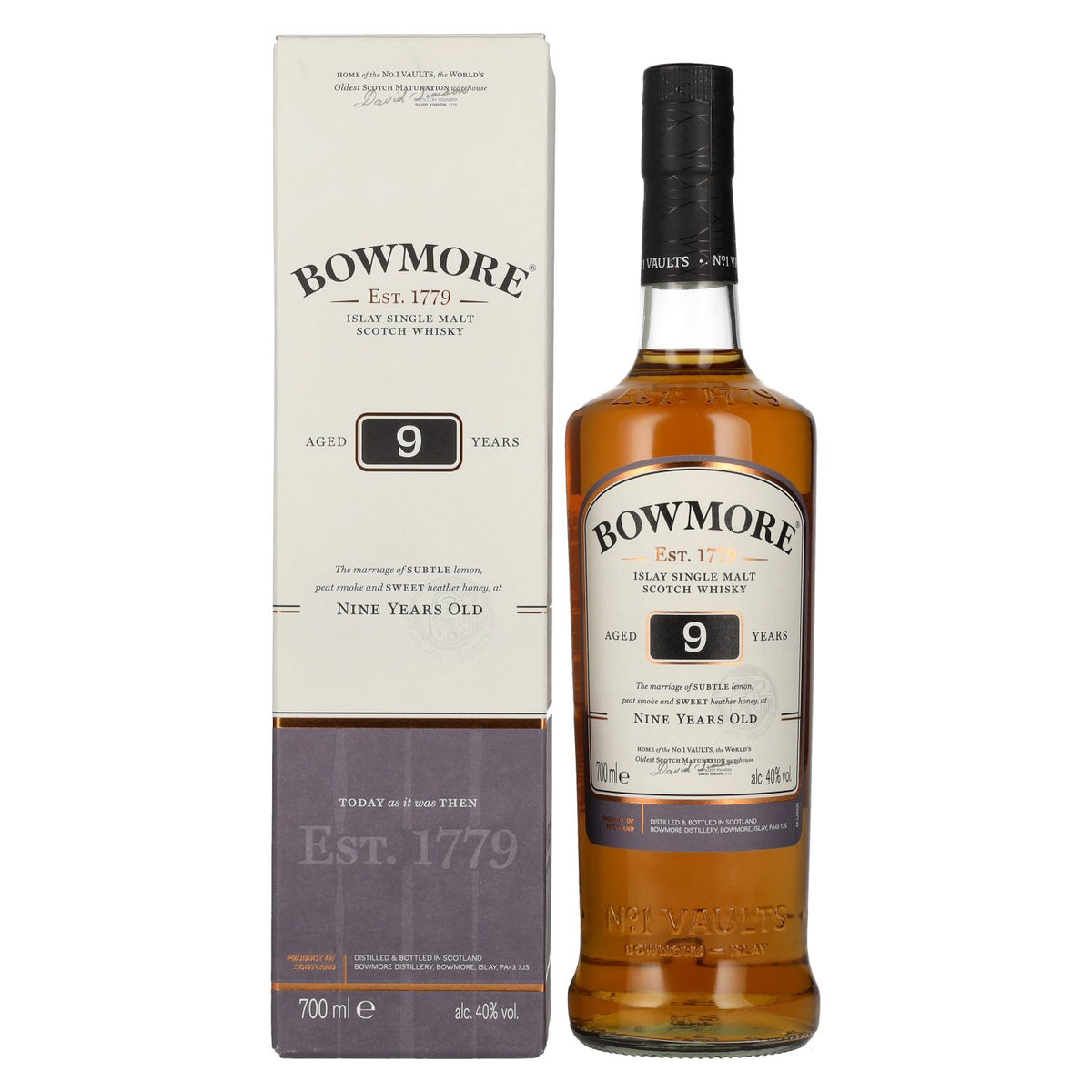 Whisky écossais single malt Bowmore 9 ans d'âge, Islay, 40 % vol., 0,7 l, dans un coffret cadeau