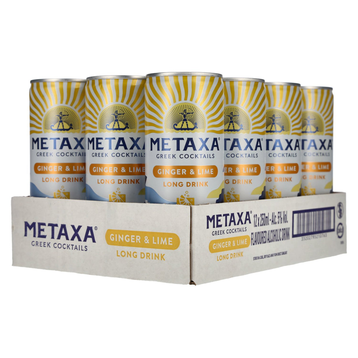Metaxa Ginger &amp; Lime Long Drink Griekse cocktails, kant-en-klaar, 5% vol., 12 blikjes van 0,25 l, statiegeld