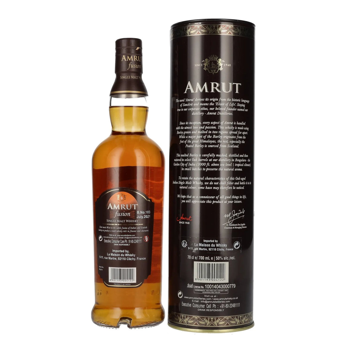 Whisky single malt Amrut Indian FUSION, 50 % vol., 0,7 l, dans une boîte en fer-blanc