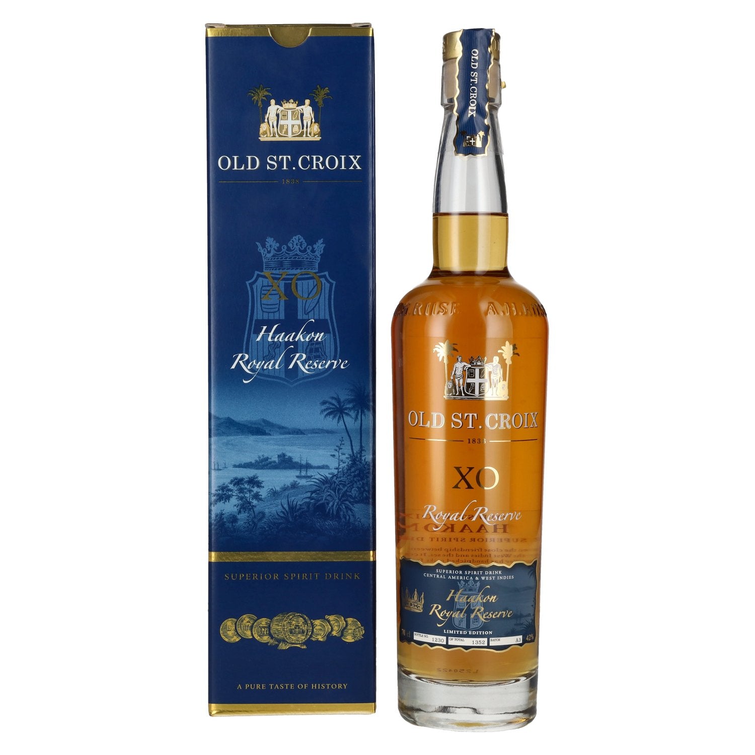 Oud St. Croix A.H. Riise X.O. HAAKON ROYAL RESERVE Superieure gedistilleerde drank 42% Vol. 0,7l in geschenkverpakking