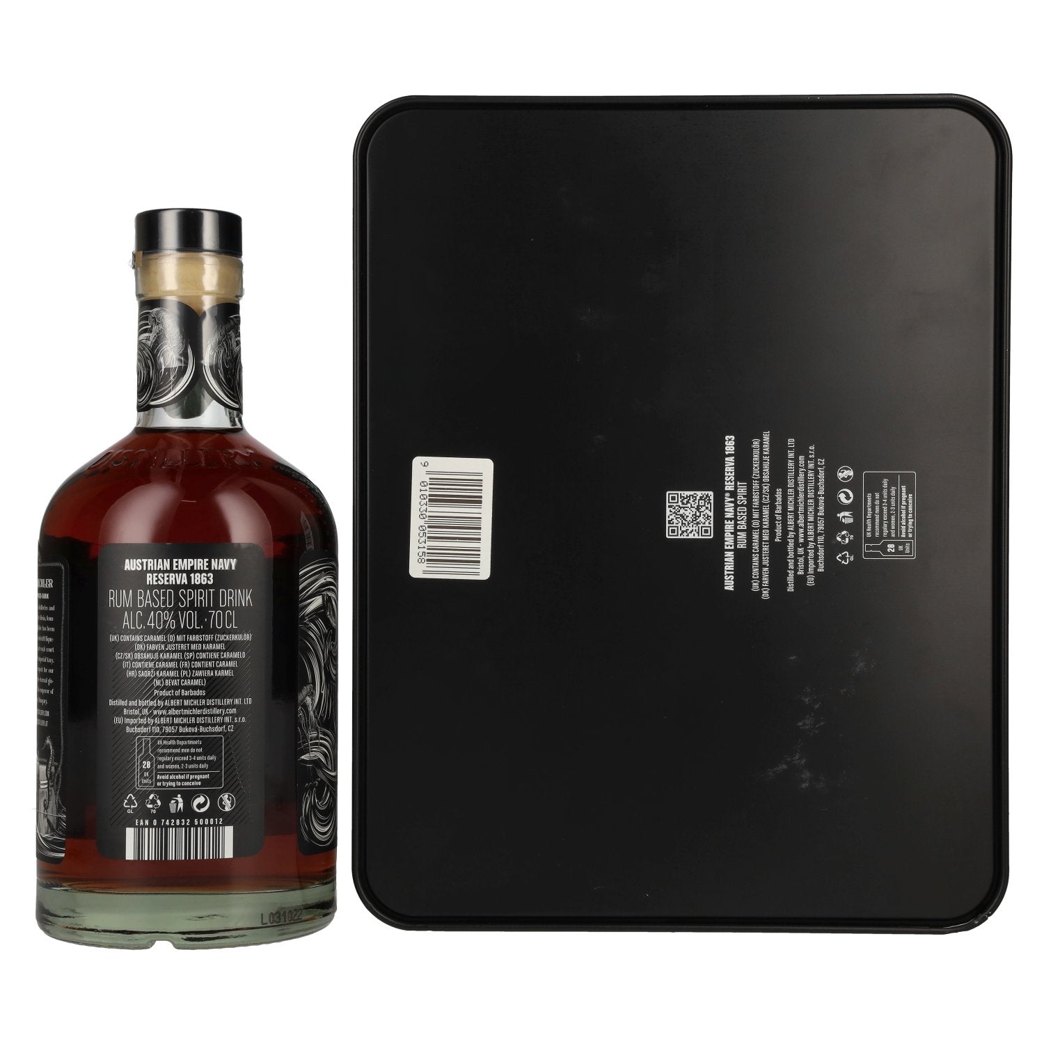 Austrian Empire Navy RESERVA 1863 gedistilleerde drank 40% Vol. 0,7l in geschenkverpakking met 2 glazen