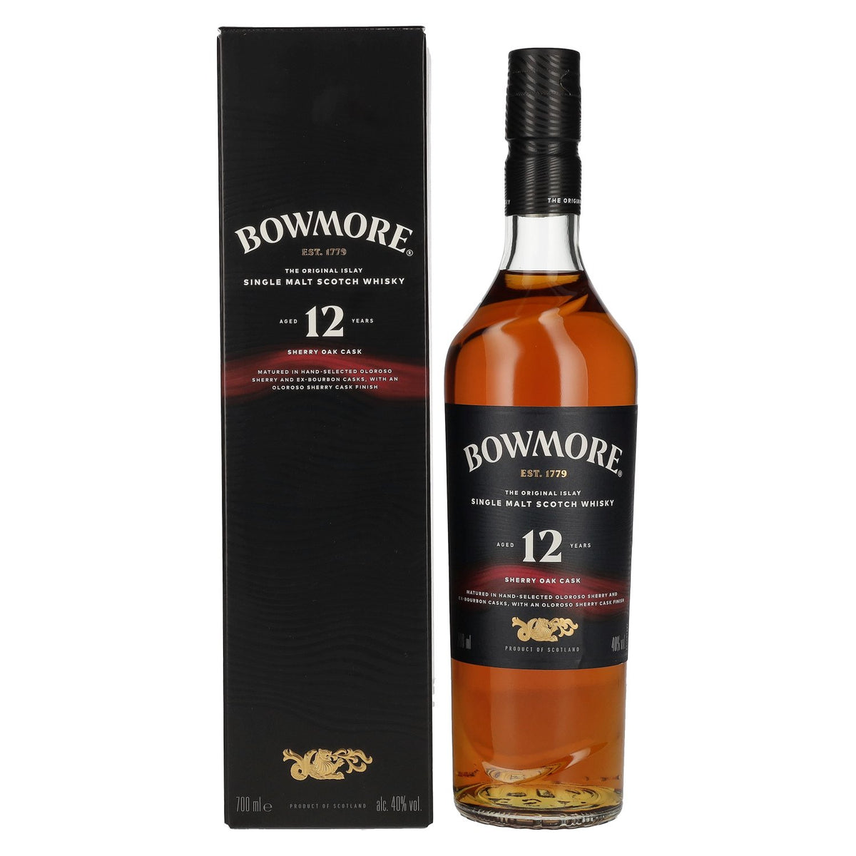 Bowmore 12 ans d'âge, vieilli en fûts de sherry, single malt d'Islay, 40 % vol., 0,7 l, dans un coffret cadeau