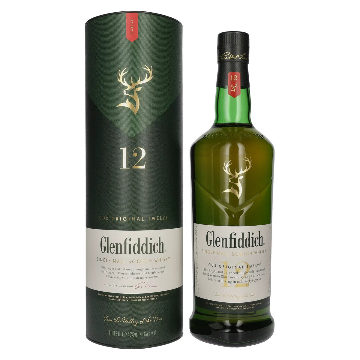 Glenfiddich 12-Year-Old Single Malt Scotch Whisky, 40% ABV, 1 litre, in a gift box