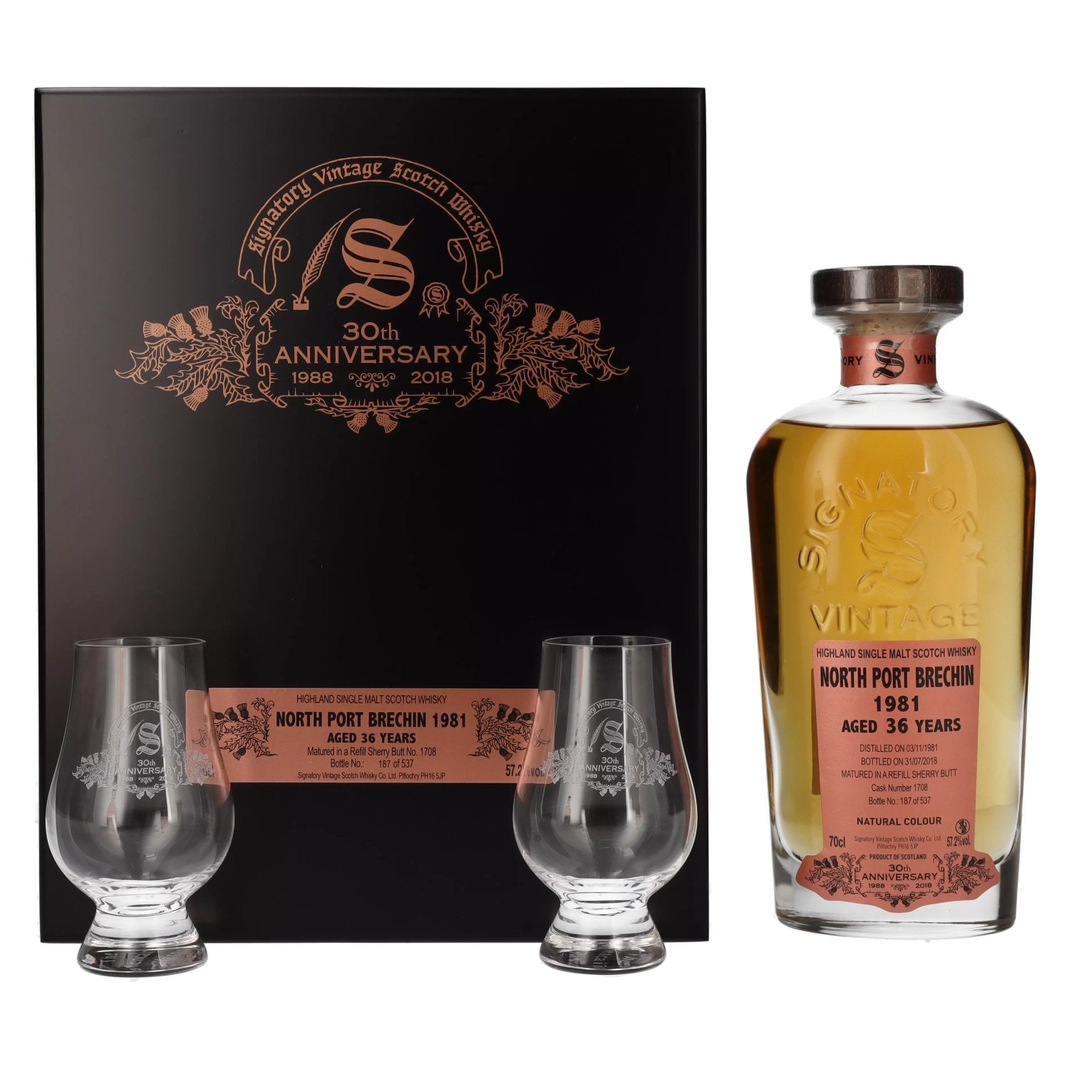 Signatory Vintage NORTH PORT BRECHIN 36 Years Old 30th ANNIVERSARY 1981 57,2% Vol. 0,7l in houten doos met 2 glazen