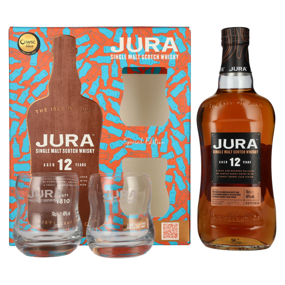 Jura 12 Year Old Single Malt Scotch Whisky, 40% vol., 0.7 litres, in a gift box with 2 glasses