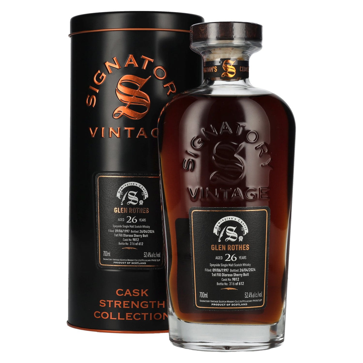 Signatory Vintage GLEN ROTHES 26 Years Old Cask Strength #9812 1997 52.4% vol. 0.7l in a tin box