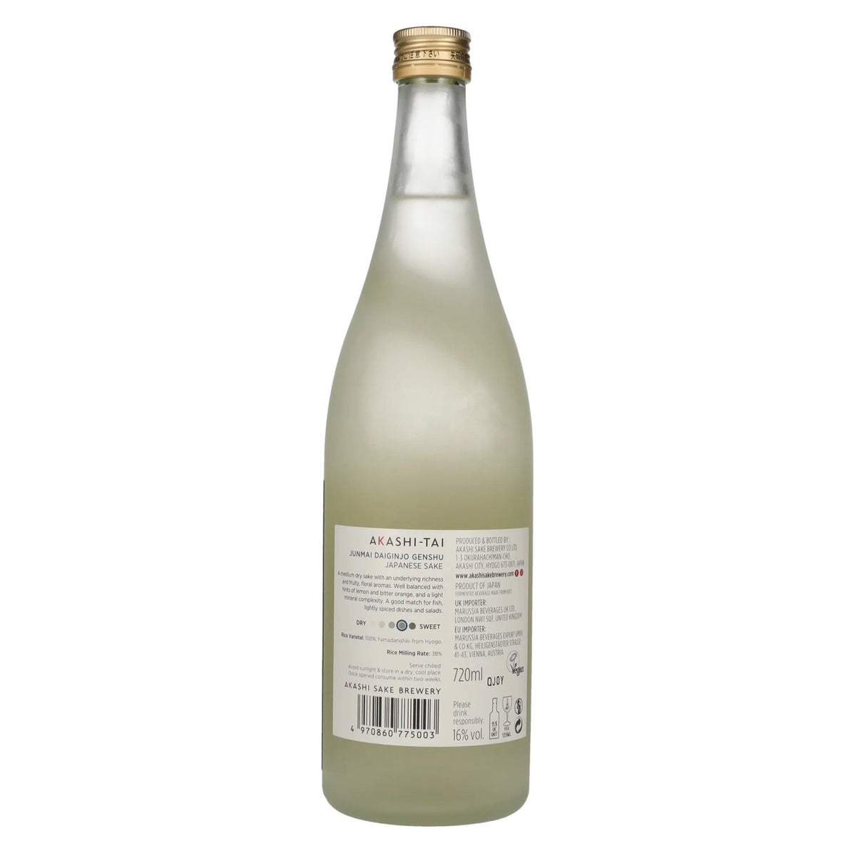 Akashi Sake JUNMAI DAIGINJO Genshu Japanse sake 16% Vol. 0,72l