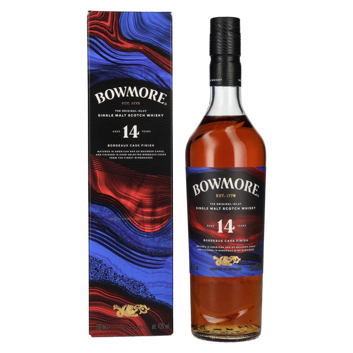 Bowmore 14 ans d'âge, finition en fût de Bordeaux, single malt d'Islay, 43 % vol., 0,7 l, dans un coffret cadeau
