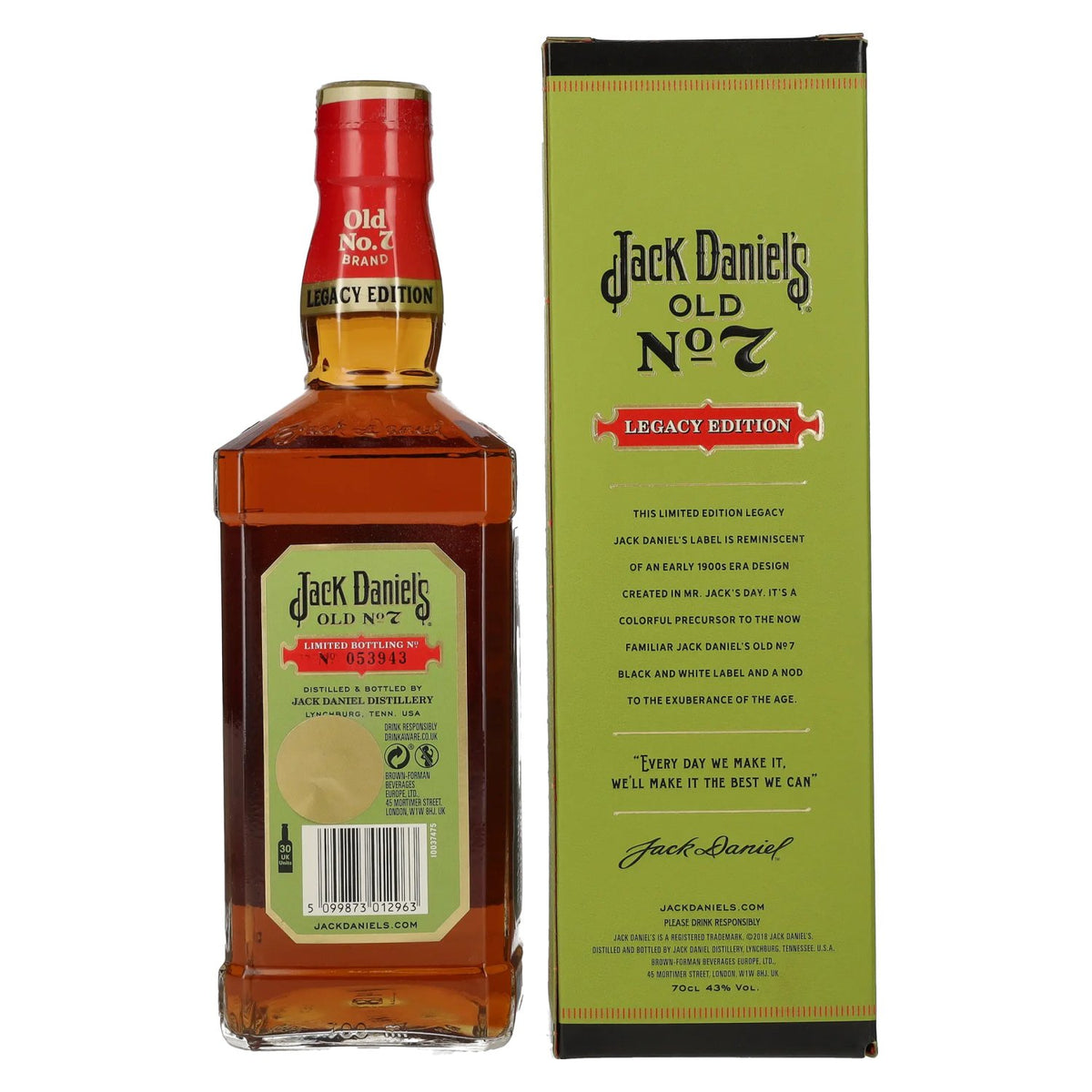 Jack Daniel's Sour Mash Tennessee Whiskey LEGACY EDITION n° 1 - GREEN DESIGN 43 % vol. 0,7 l dans un coffret cadeau