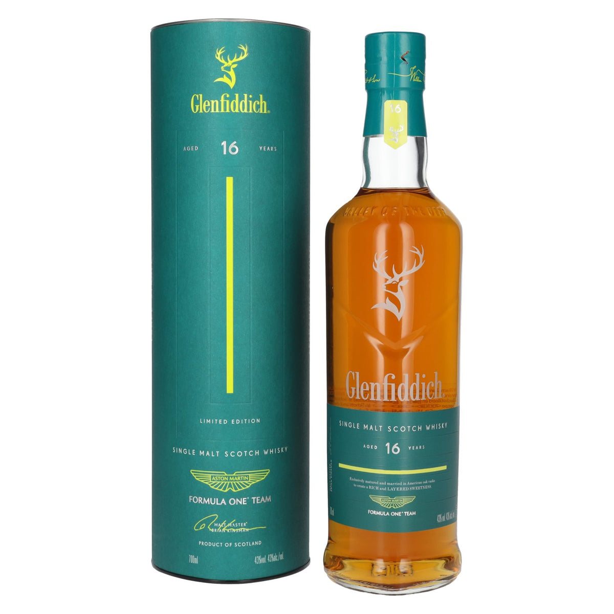 Glenfiddich 16 Years Old ASTON MARTIN FORMULA ONE TEAM Single Malt Scotch Whisky Edition 1, 43% ABV, 0.7 litres, in a gift box