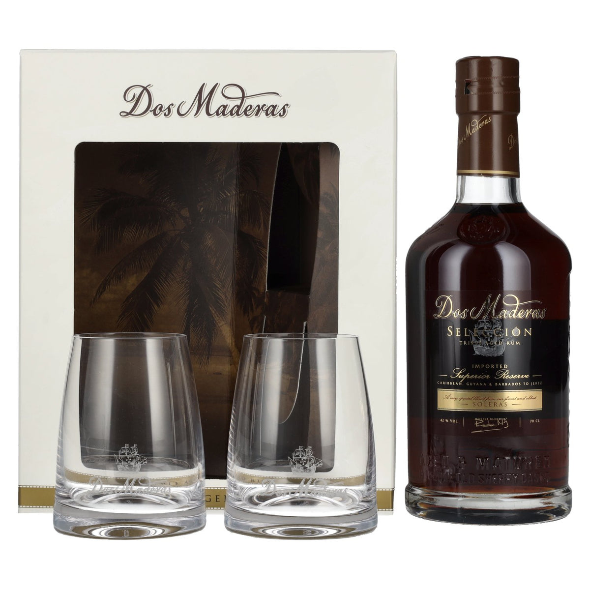 Dos Maderas Selección Superior Reserve Triple Aged Rum 42% vol. 0,7 l in geschenkverpakking met 2 glazen