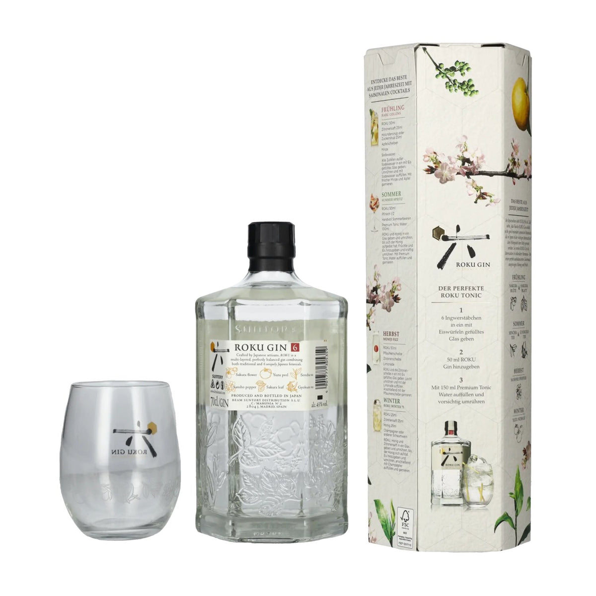 Roku Gin, le gin artisanal japonais, 43 % vol., 0,7 l, dans un coffret cadeau avec un verre