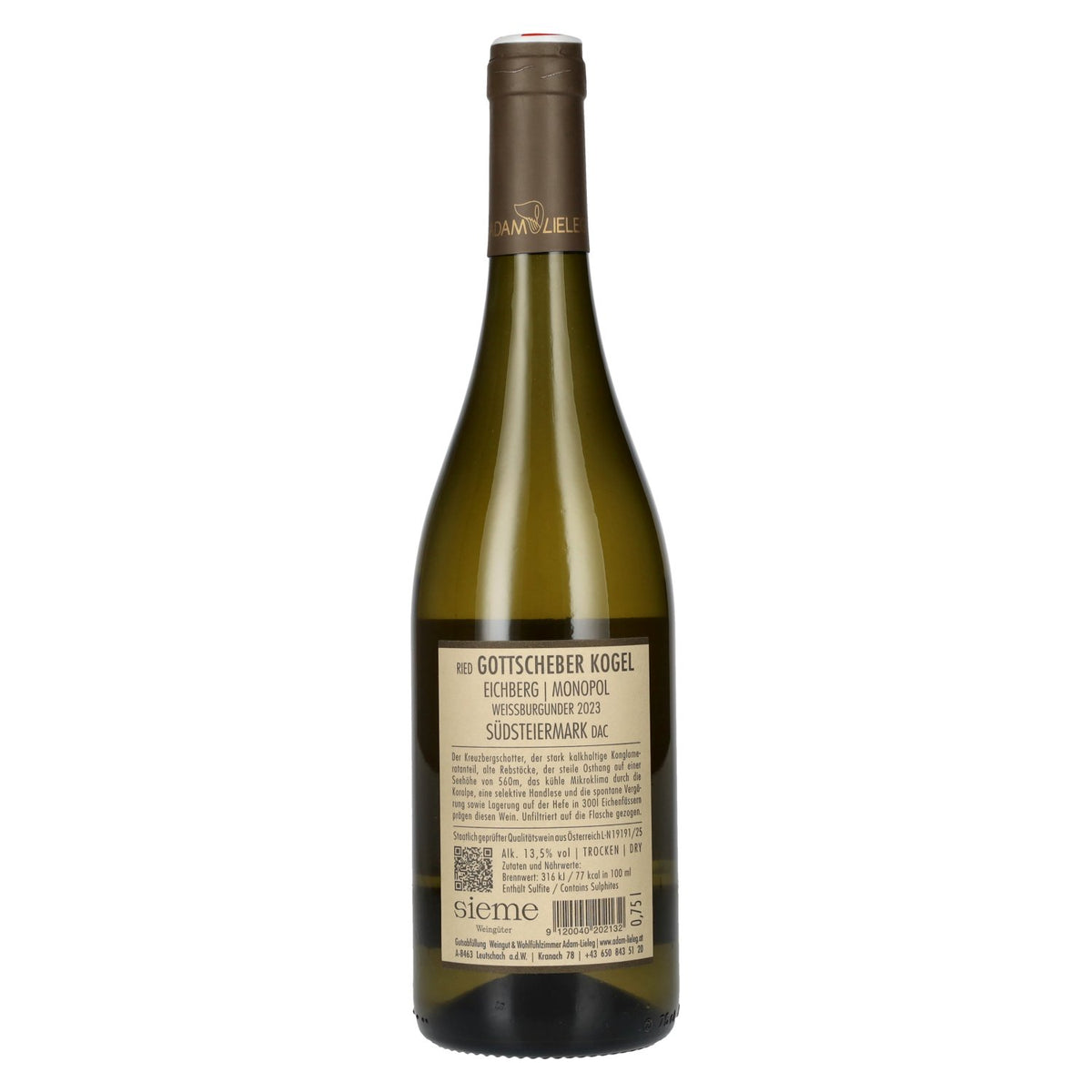 Adam-Lieleg Pinot Blanc, Ried Gottscheber Kogel, Monopol Südsteiermark DAC 2023, 13.5% vol., 0.75 l