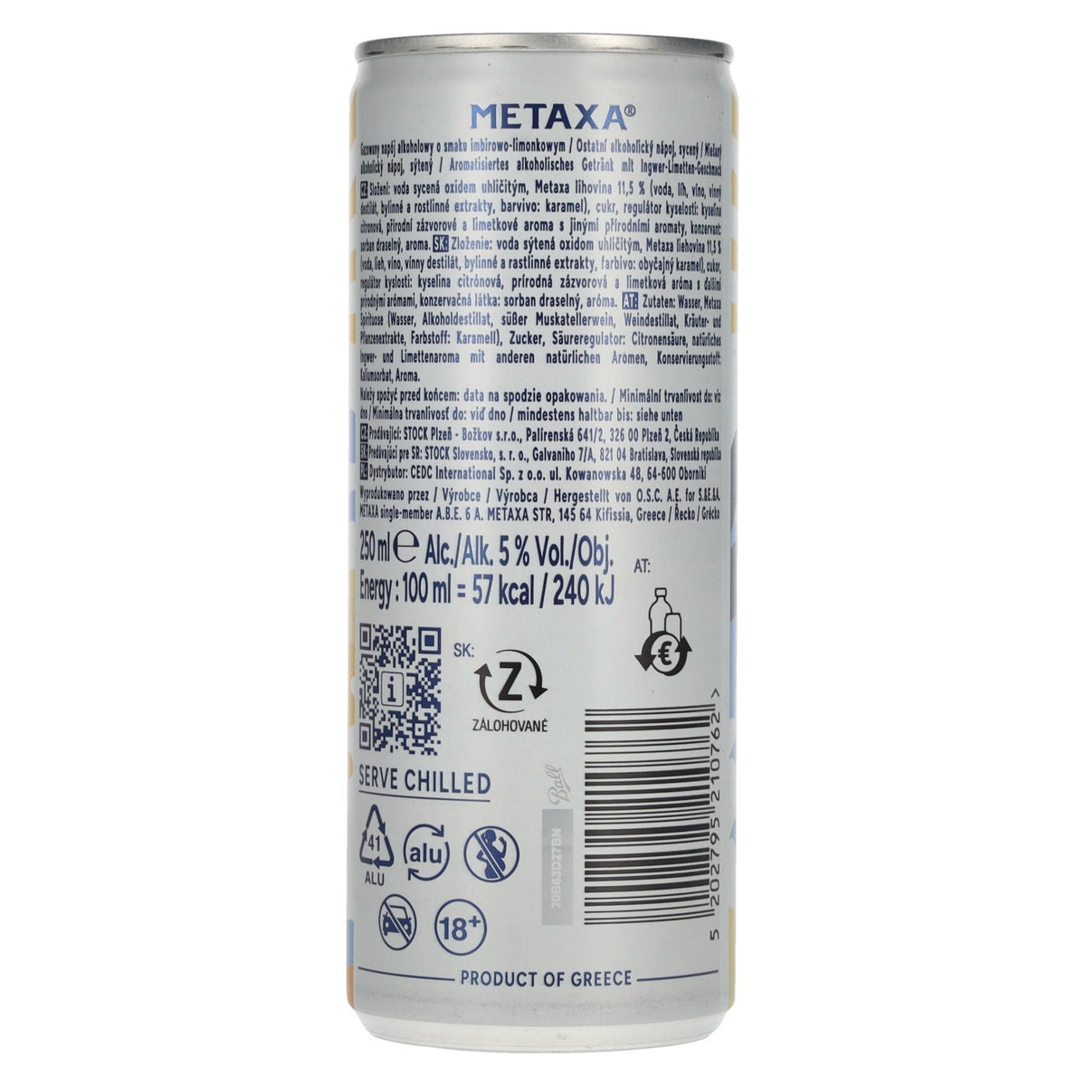 Metaxa Ginger &amp; Lime Long Drink Cocktails grecs prêts à boire 5 % vol. 12 canettes de 0,25 l, consigne