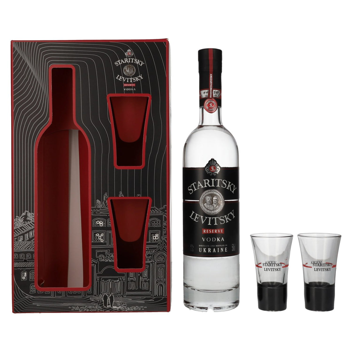 Staritsky &amp; Levitsky Vodka 40% vol. 0,5 l in geschenkverpakking met 2 glazen