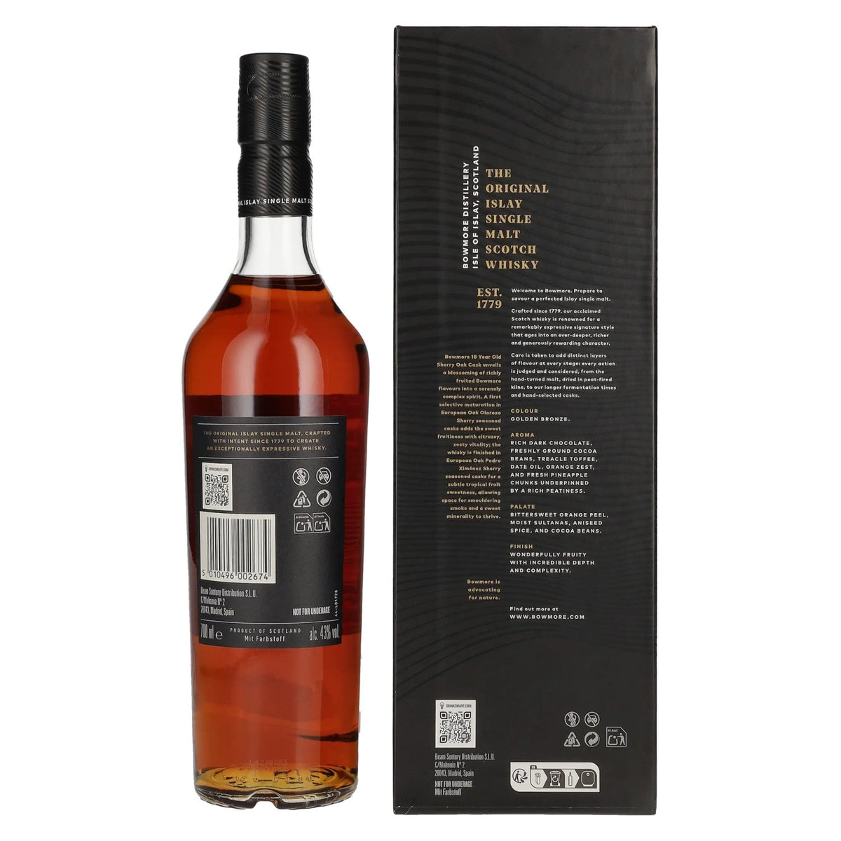 Bowmore 18 ans d'âge, vieilli en fût de sherry, single malt d'Islay, 43 % vol., 0,7 l, dans un coffret cadeau