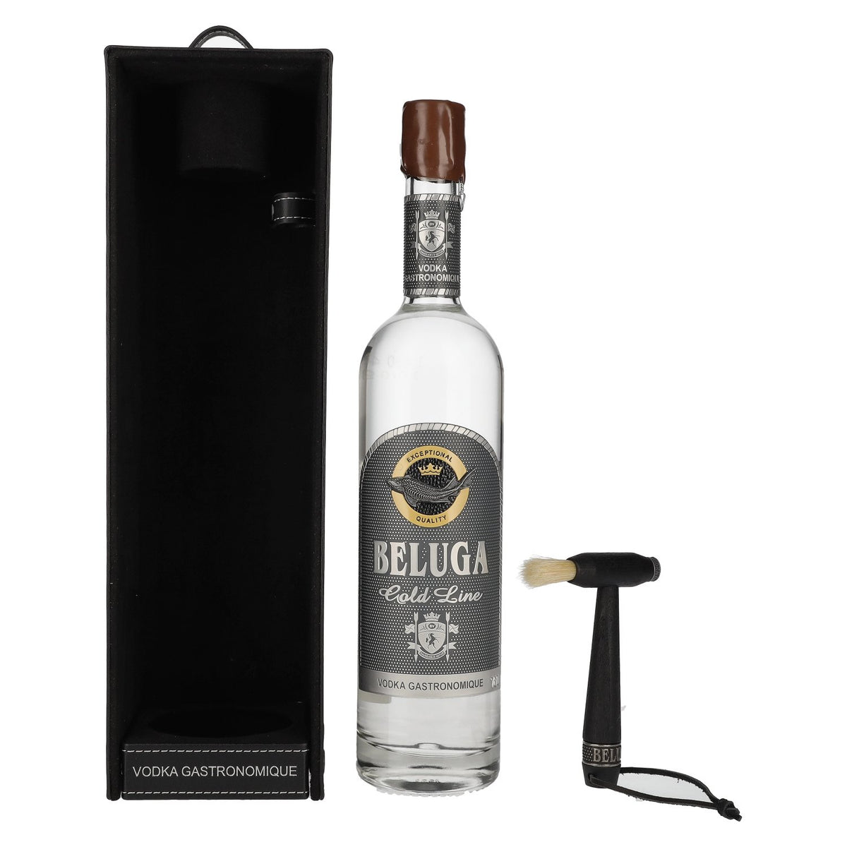Beluga Gold Line Vodka Montenegro 40% vol. 0,7 l in een geschenkverpakking met leerlook en een borsteltje