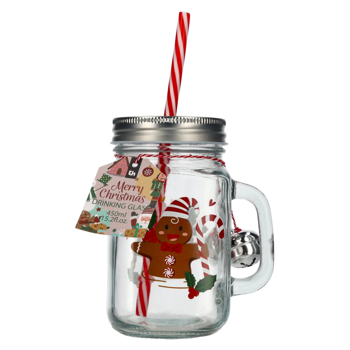 Trinkglas Merry Christmas mit Deckel und Strohhalm 0,45l