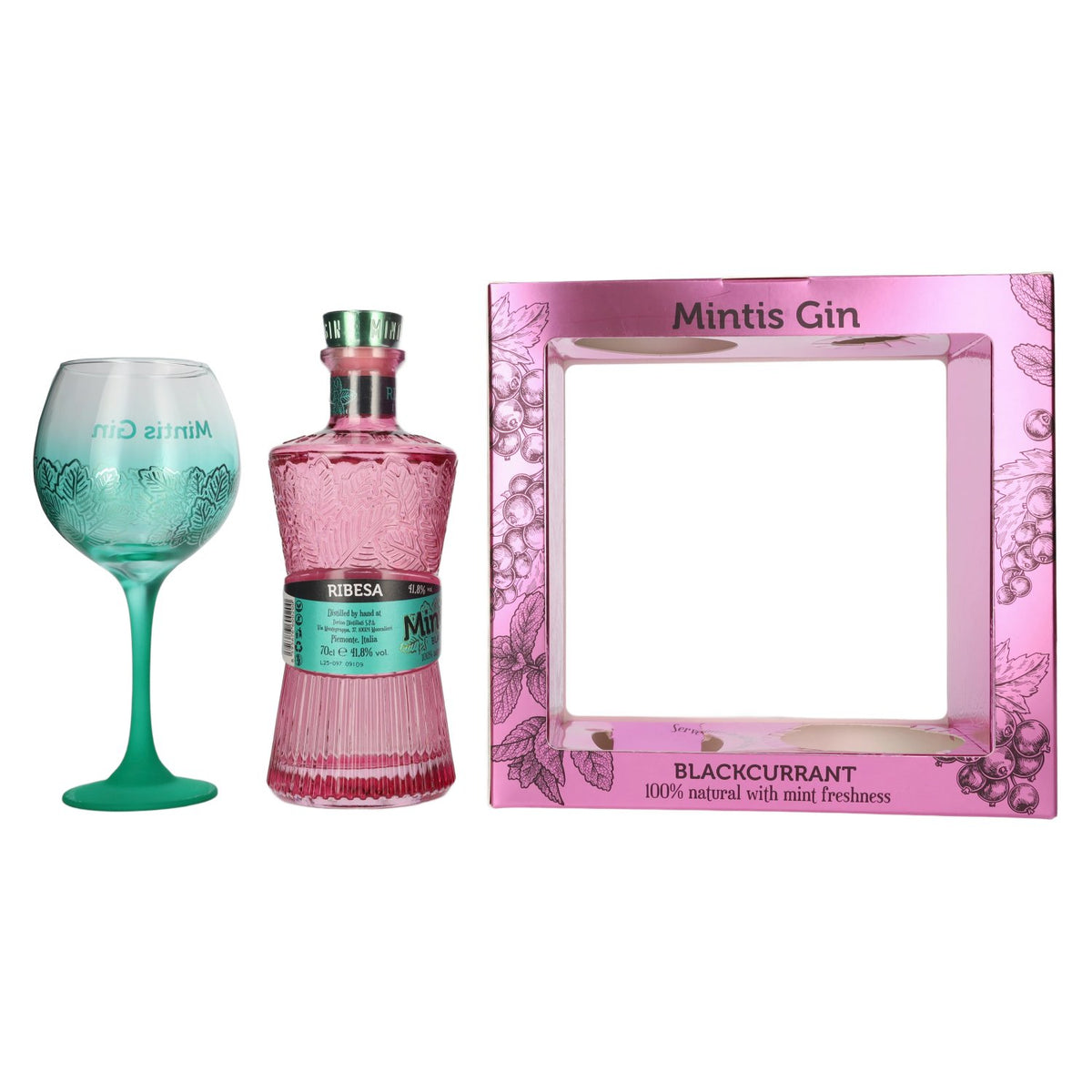 Mintis BLACKCURRANT Gin 41.8% ABV, 0.7l, in a gift box with a glass