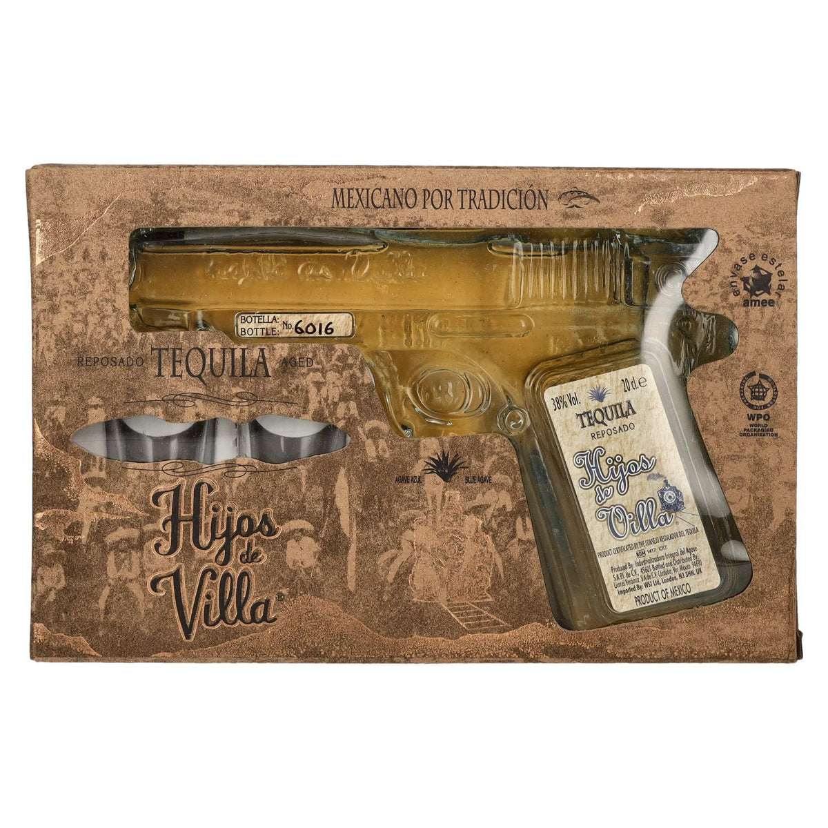Hijos de Villa Tequila Reposado 38% ABV, 0.2 litres, in a gift box with 2 shot glasses