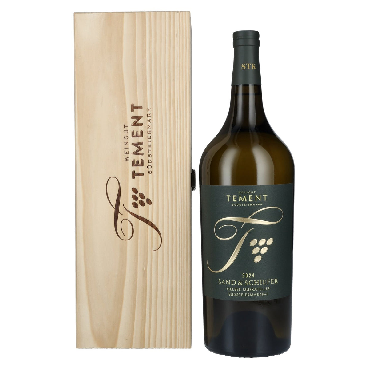 Tement Muscat jaune « Sand &amp; Schiefer » Südsteiermark DAC 2024 11,5 % vol. 1,5 l dans une caisse en bois