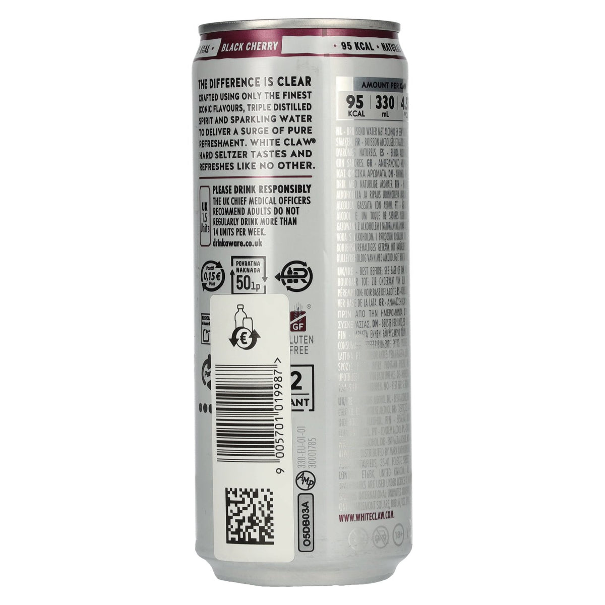 White Claw Hard Seltzer Black Cherry 4.5% ABV, 12 x 0.33l tins, deposit