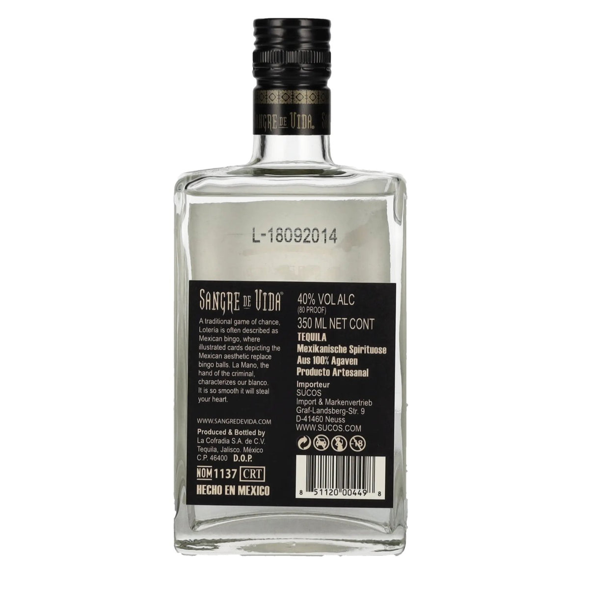 Sangre de Vida Loteria LA MANO Blanco Tequila 100% agave 40% vol. 0,35 l