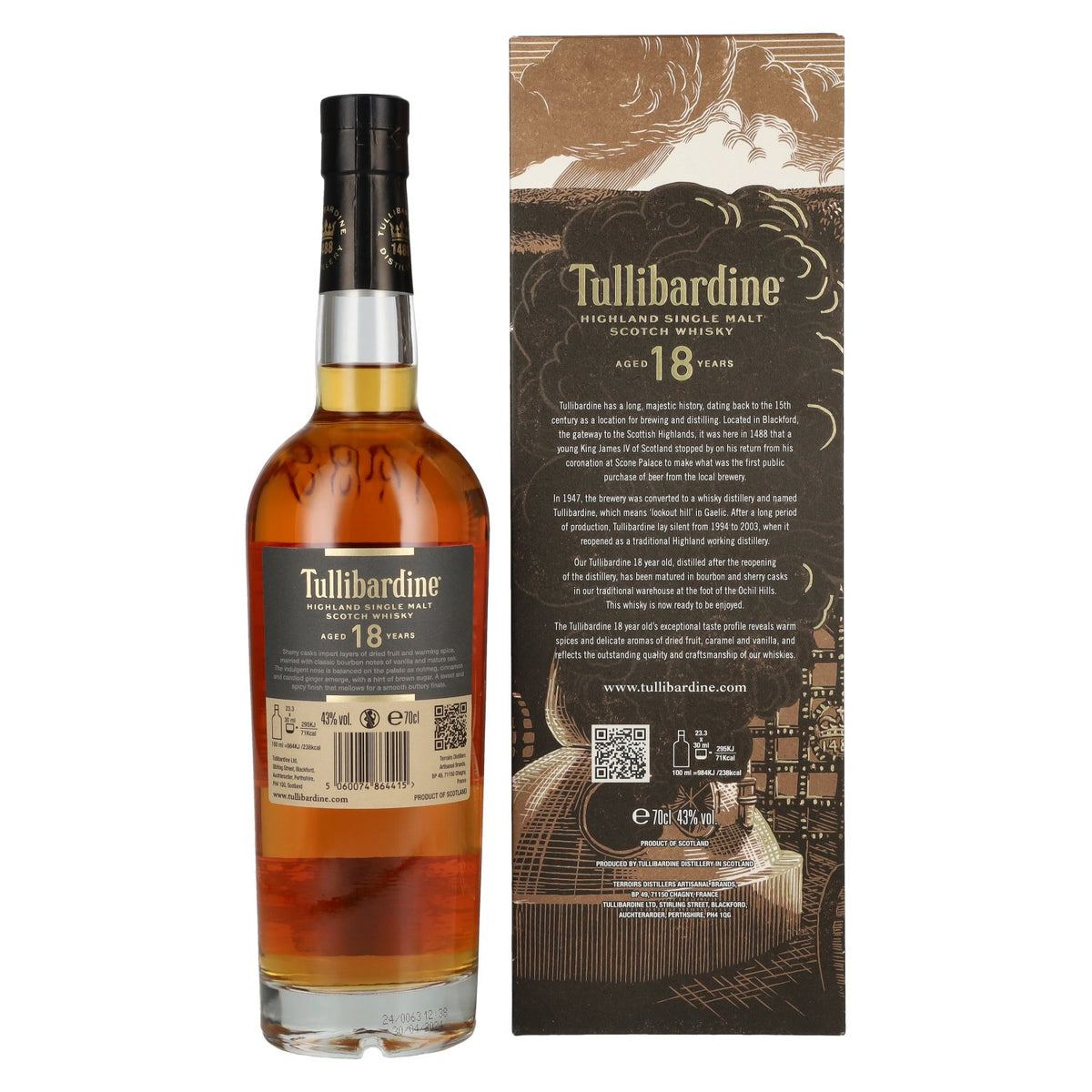 Tullibardine 18-Year-Old Highland Single Malt Scotch Whisky 43% ABV, 0.7 litres, in a gift box